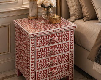 Handmade Pink & Bone Inlay Designer Bedside Table 4 Drawers Nightstand