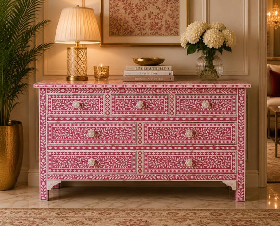 Perlmutt Inlay Kommode Pink Blumenmuster Kommode mit 7 Schubladen