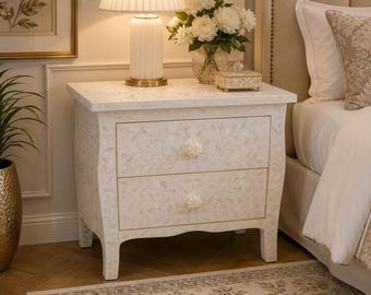 Handmade Bone Inlay White Floral Pattern Designer 2 Drawers Bedside Nightstand