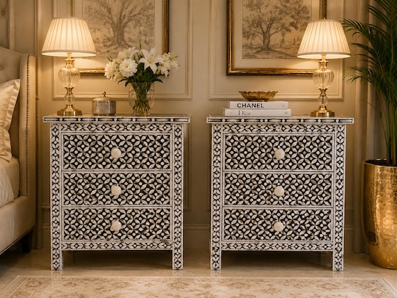 Bone Inlay Bedside Table: Handmade Black Geometric 3-Drawer Nightstand (Set of 2)