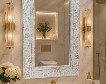 White Mother Of Pearl Inlaid Floral Pattern Mirror Frame With Complimentary Mirror