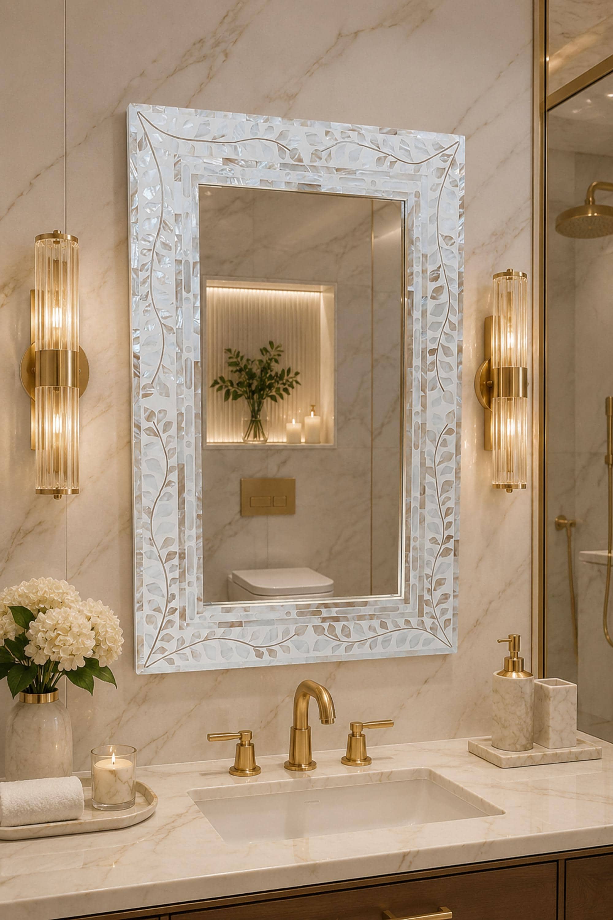 Pattern Mirror Frame Background White Mother of Pearl Inlaid Floral Pattern Mirror Frame With ...