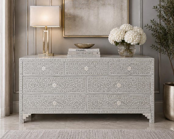grey bone inlay dresser Handmade Chest of Drawers: Floral Pattern, Bohemian Elegance mermaid maternity dress