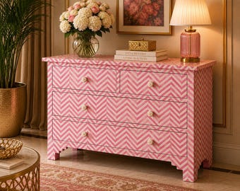 Handmade Bone Inlay Pink Chevron Pattern Designer Chest Of 4 Drawers Dresser
