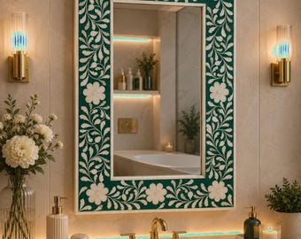 Bone Inlay Green Floral Pattern Mirror Frame With Complimentary Mirror