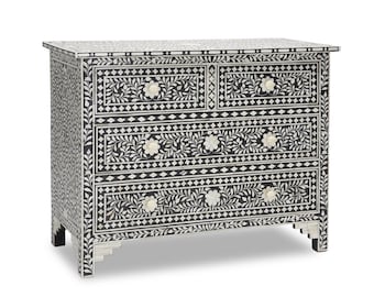 Bone Inlay Chest of 4 Drawers: Black Floral Pattern, Bohemian Elegance