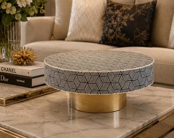 Designer Black Bone Inlay Geometric pattern Round Coffee Table