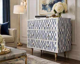 Handmade Bone Inlay Mosaic pattern 3 Drawers Designer Cabinet Dresser / living Room Décor