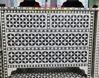 Mother of Pearl inlay Dresser Black Geometric Pattern Chest of 4 Drawers