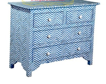 Bone Inlay Navy Blue Chevron Pattern Chest Of 4 Drawers