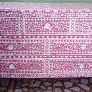 Mother Of Pearl Inlay dresser Pink Floral Pattern Chest Of 7 Drawers