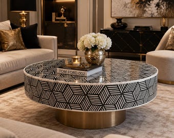 Handmade Bone Inlay Round Coffee Table: Geometric Pattern