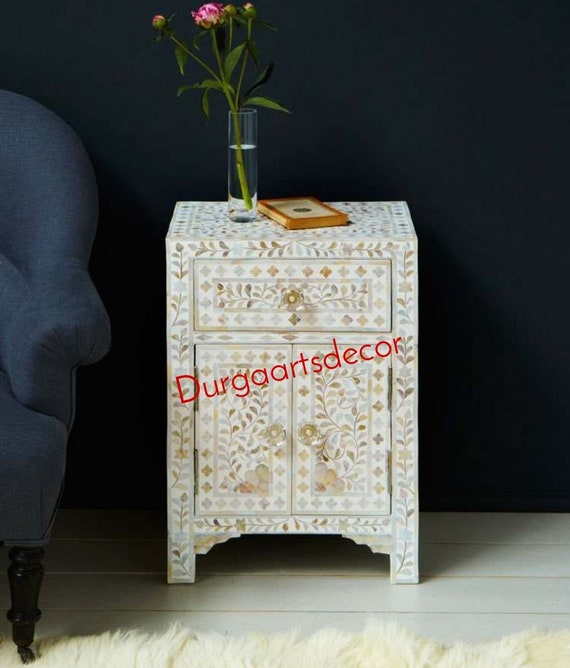 Mother Of Pearl White Floral Pattern Bedside Nightstand Etsy