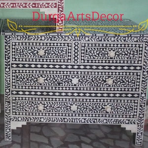 Bone Inlay Dresser Black Floral Pattern Chest Of 4 Drawers cabinet