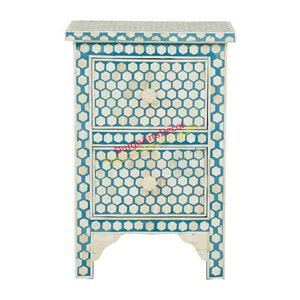 Designer Handmade Turquoise Bone Inlay Football Pattern Two Drawers Nightstand