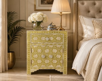 Bone Inlay Handmade Designer Yellow Geometric Pattern Bedside Table