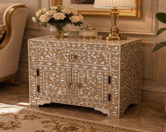 Mother Of Pearl Handmade Designer Grey Floral Pattern Bedside Table
