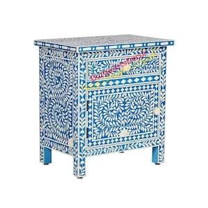Table de chevet florale faite main avec marqueterie d&#39;os bleu