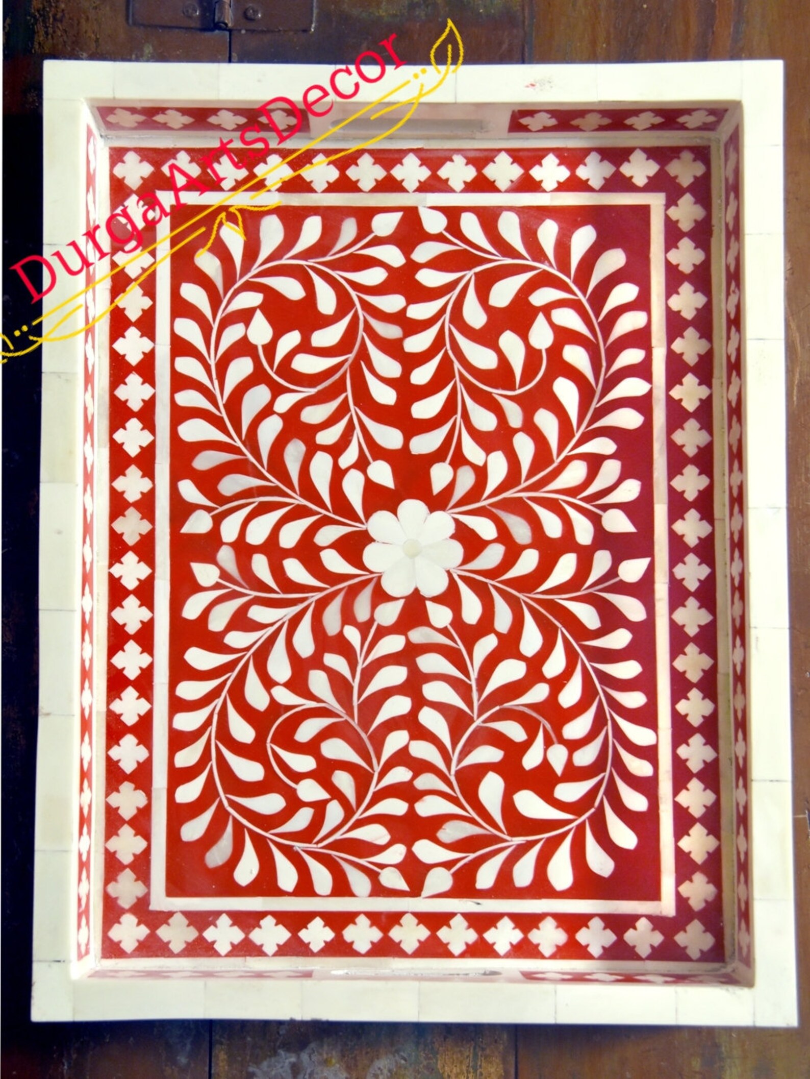 Designer Handmade Red Bone Inlay Floral Tray - Etsy