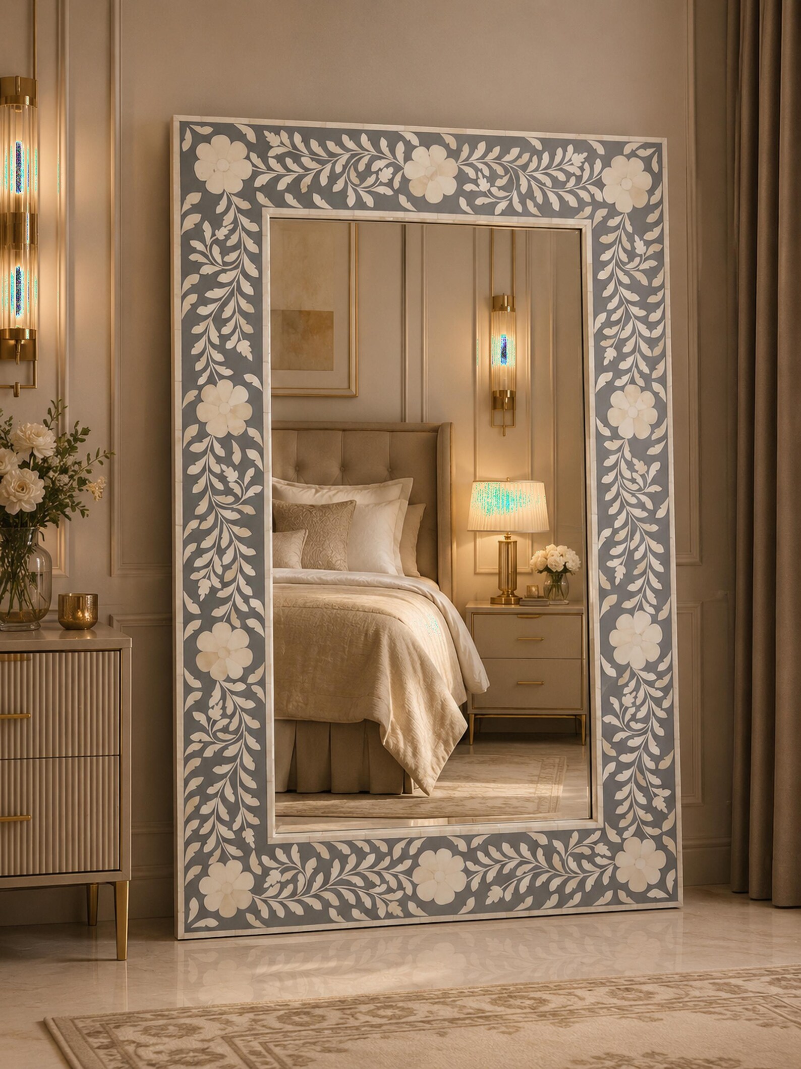 Gray Bone Inlay Designer Floral Pattern Mirror Frame With Complimentary ...