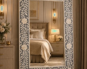 Gray Bone Inlay Designer Floral Pattern Mirror Frame With Complimentary Mirror