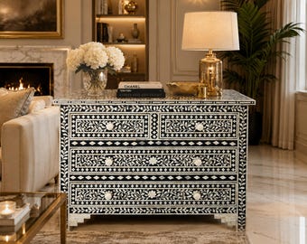 Designer Bone Inlay Dresser Black Floral Pattern Chest Of 4 Drawers Dresser
