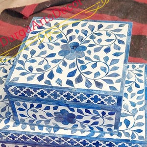 Bone Handmade Blue Bone Inlay Box Floral pattern