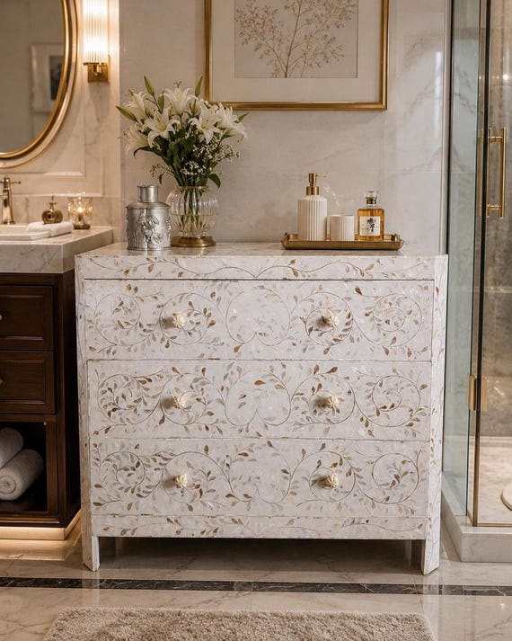 gold inlay dresser Bay Isle Home 6-Drawer Modern Wood Dresser With Metal Brackets, Linen Inlay, And Gold Handles, Bedroom Storage Organizer For Clothes, Entryway