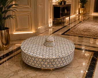 Designer Blue Bone Inlay Geometric pattern Round Coffee Table