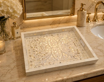Handgefertigt Perlmutt Inlay Designer Weiß Blumenmuster Tablett / Badezimmer Tablett