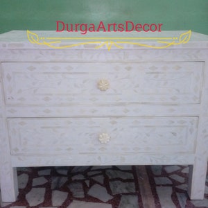 Bone Inlay cabinet White Geometric Pattern Chest of 2 Drawers Dresser