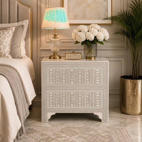Pale Grey Bone Inlay Geometric Pattern Two Drawers Nightstand