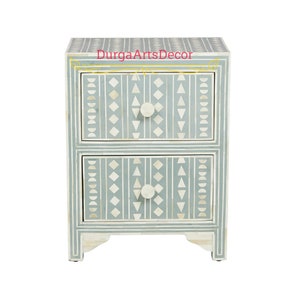 Grey Bone Inlay Geometric Pattern Two Drawers Nightstand