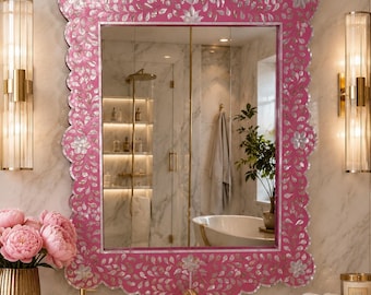 Handmade Mother of Pearl Inlay Floral Pattern Designer Bathroom / Wall Mirror With Complimentary Mirror