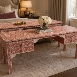 Mother Of Pearl Inlay Handmade Designer Pink Floral Pattern Console Table