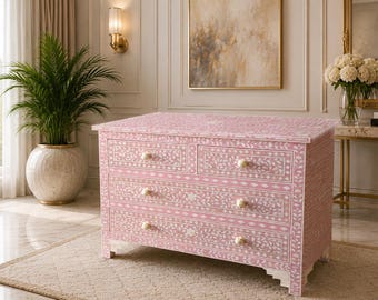 Handmade Bone Inlay Pink Floral Pattern Designer Chest Of 4 Drawers , Dresser cabinet