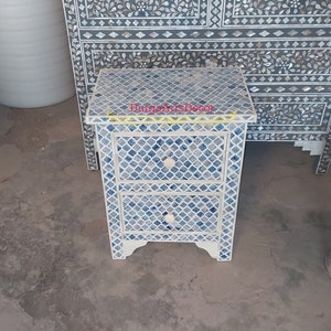Blue Bone Inlay Moroccan Bedside Two Drawers Nightstand