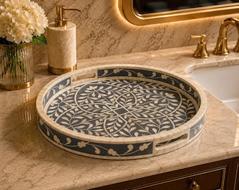 Handmade Grey Bone Inlay Round Tray: Floral Coffee Table Décor