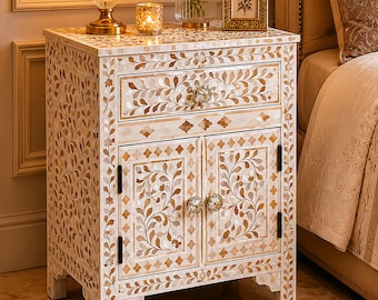 White Mother of Pearl Inlay Floral Pattern Bedside Table , Nightstand
