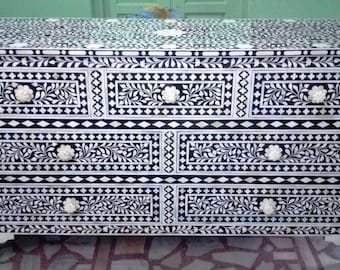 Bone Inlay Black Floral Pattern Chest Of 7 Drawers