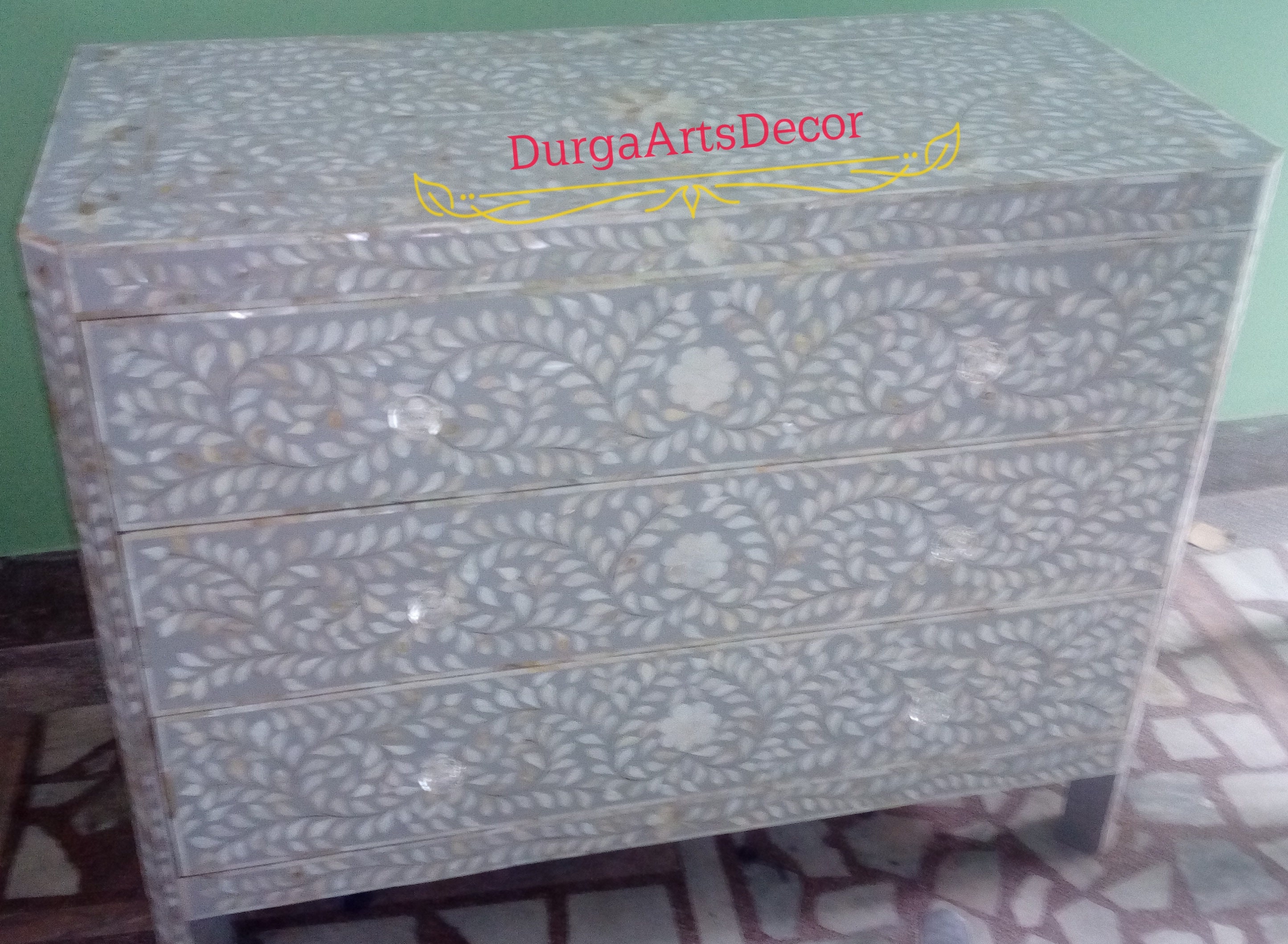 Mother of Pearl Inlay Dresser Grey Floral Pattern Chest of 3 Drawers - Etsy
