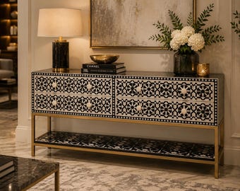 Handmade Black Bone Inlay Media Console Cabinet: Designer Geometric Pattern Dresser