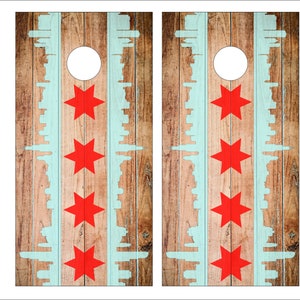 Chicago Skyline Flag Wood Grain Cornhole Skin Wrap Decal Set w/  FREE Lamination