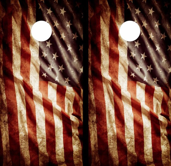 LAMINATED American Flag Vintage look Cornhole Board Skin Wrap Decal Set Vinyl