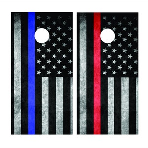 Thin Red / Thin Blue Line Flag Cornhole Board Skin Wrap Decal SET w/ FREE Lamination