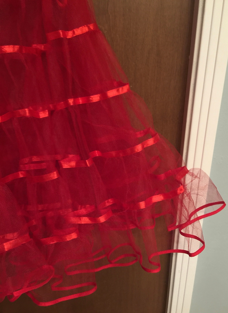 Circle Skirt Rockabilly Fire Engine Red Three layers Square Dance Pin Up Lingerie 6 tiers Vintage Red Petticoat satin ribbon trim