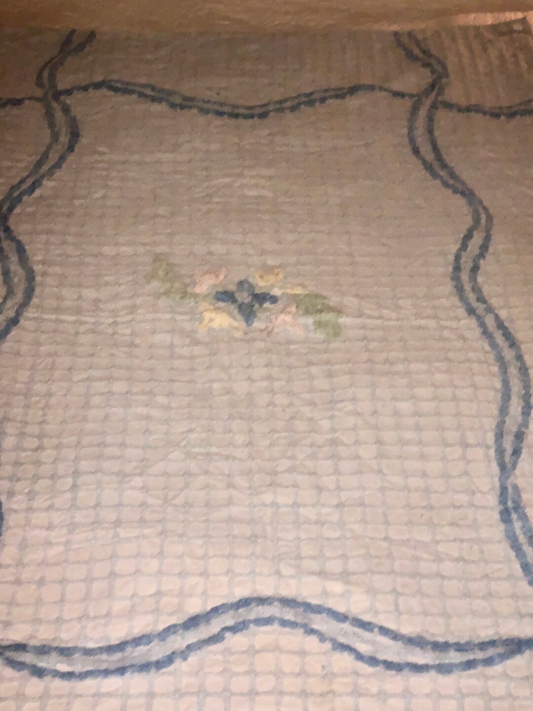 Vintage Chenille Baby Bedspread Crib Blanket Retro Flower Center Blue