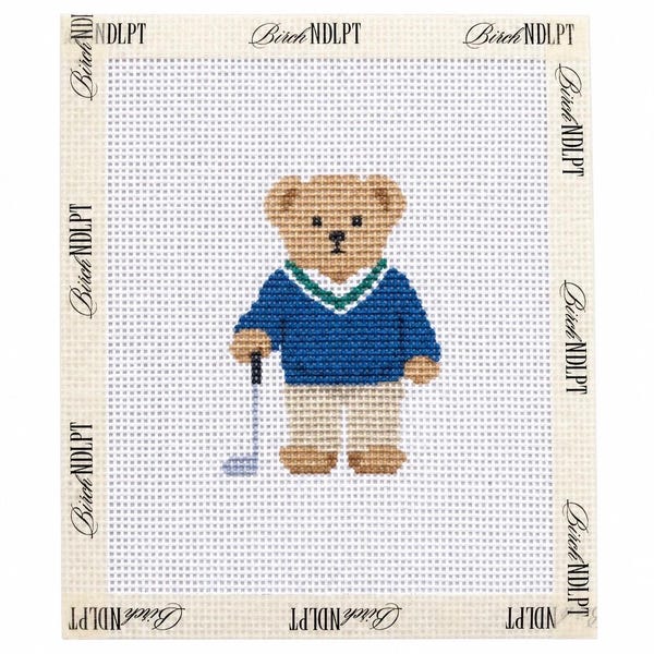 Tela per ricamo a punto croce con orso da golf blu / Ricamo a punto croce a 13 maglie / Tela per ricamo a punto croce moderna / Progetto di ricamo per principianti