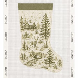 May include: A needlepoint canvas featuring a Christmas stocking design in shades of olive green on a cream background. The pattern depicts a cabin, a deer, a stone bridge, and pine trees. The text Birch NDLPT is printed repeatedly along the border.
