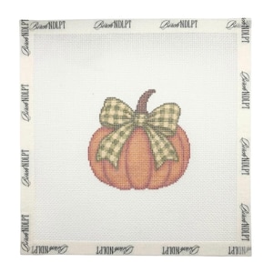 May include: A square needlepoint canvas featuring a centered orange pumpkin illustration adorned with a green and white gingham bow. The white canvas border is printed with the repeating text Birch NDLPT along all four edges of the fabric.